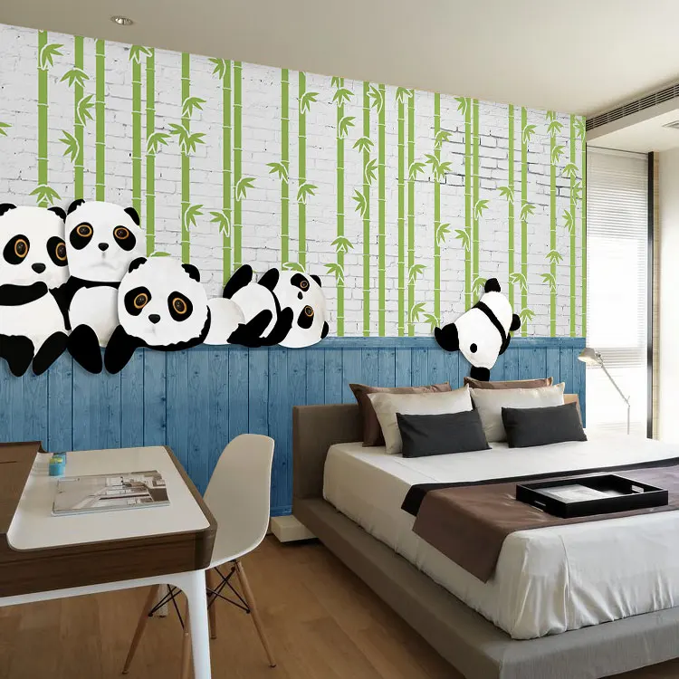 Милые панды бамбуковые кирпичи 3d настенные фрески обои для детской комнаты 3d Мультяшные фотообои настенные 3d наклейки на стену