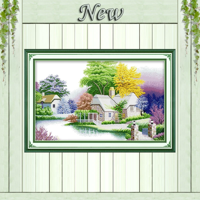 

A peaceful cabin river house NKF Counted print on fabric Cross Stitch Needlework kits DMC 14CT 11CT DIY Embroidery Sets painting