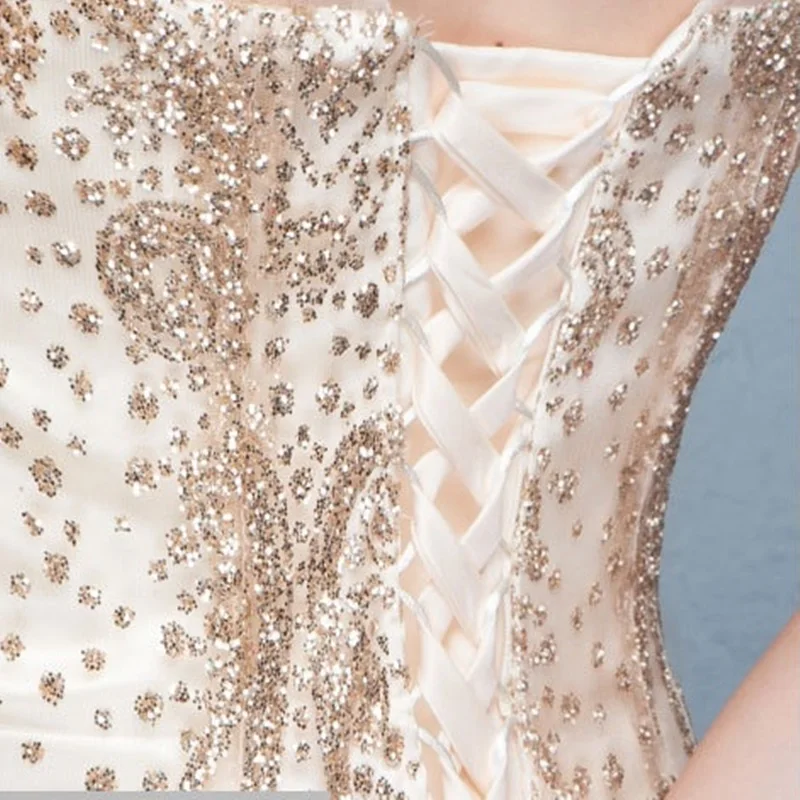 Женское вечернее платье длинное цвета шампанского с блестками для помолвки