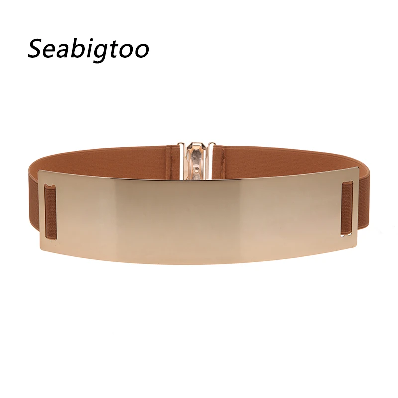 Seabigtoo, эластичные зеркальные металлические ремни для женщин, мода, женские ремни, женские элегантные золотые ремни с металлической пряжкой, пояс-цепочка - Цвет: Brown