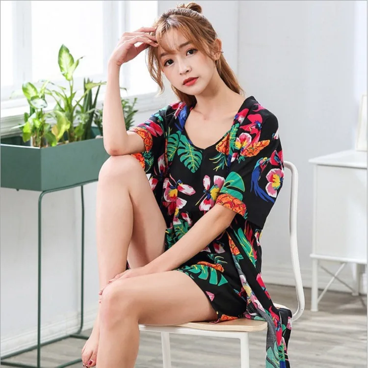 Women's pajamas autumn pure cotton long-sleeved summer sweet sexy suspenders nightgown three-piece suit home clothes flower