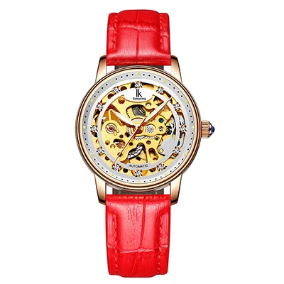 Rose Red IK coloring Reloj Mujer Розовое Золото Скелет автоматические механические Роскошные Кристальные кожаный ремешок женские наручные часы - Цвет: Rose Red