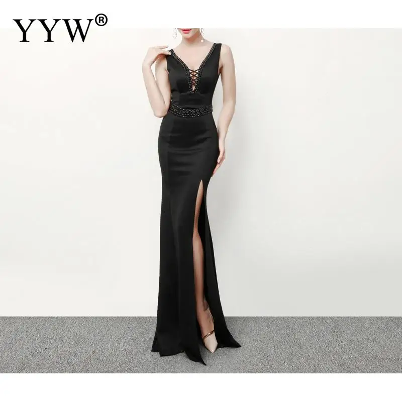 black Robe De Soiree модная обувь с украшением в виде кристаллов Бисер Длинные Русалка Вечерние Платье Для женщин сексуальный v-образный вырез с низким вырезом на спине кружевное элегантное вечернее платье для выпускного бала - Цвет: black