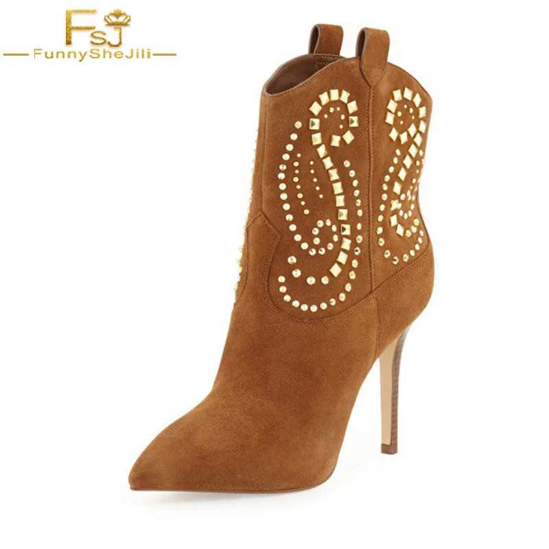 

FSJ Brown Suede Studs Rhinestone Polyurethane( Autumn, Winter Party, Music festival, Date, Going out Stiletto Heel Ankle Booties