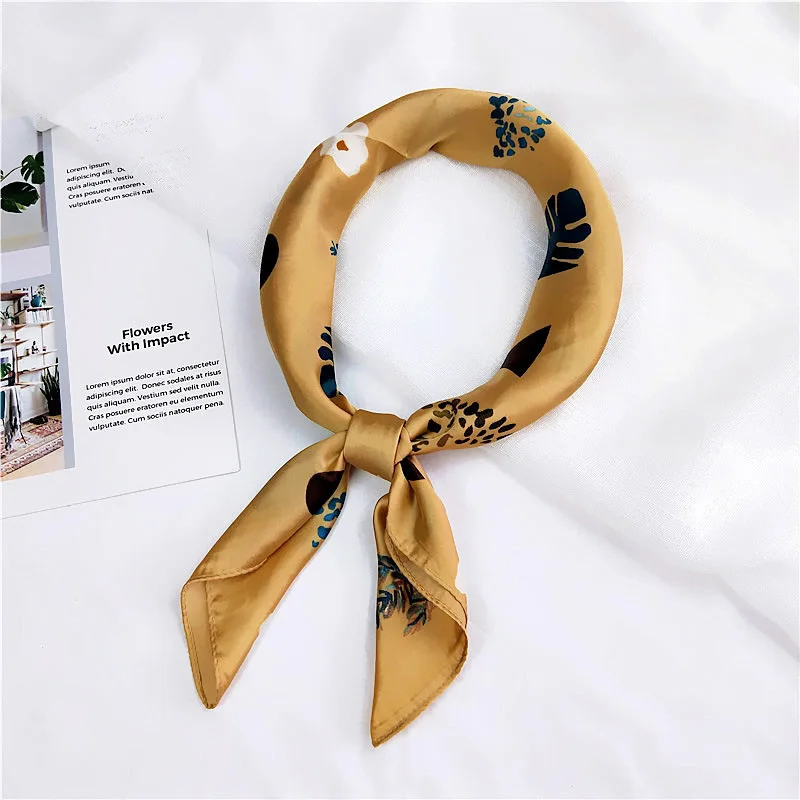 Fashion Green Hair Scarf Women Floral Leaf Print Kerchief Small Bag Scarfs Female 70X70cm Square Neckerchief Scarves For Ladies |