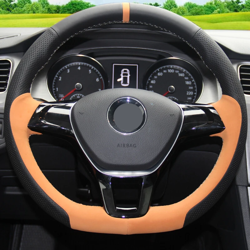 

Hand Sew Apricot Suede Black Genuine Leather Car Steering Wheel Cover for Volkswagen VW Golf 7 Mk7 New Polo Jetta Passat B8