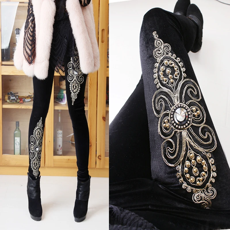 

Spring Autumn Women's High Quality Velvet Trousers Ladies Tight Elastic Pure Black Heavy Embroidery Beads All-match Basic Pants