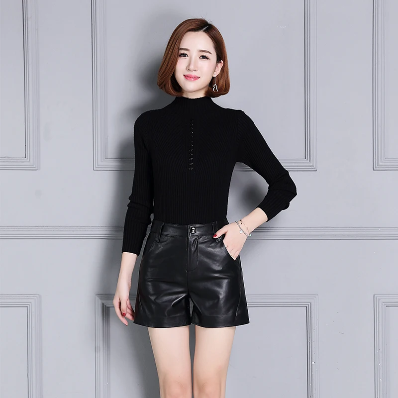 Real Leather Casual Streetwear High Waist Black Female Shorts Straight Punk Korean Fashion Sheepskin OL Plus Size 4XL Trousers