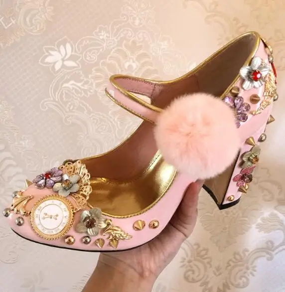 

2019 pink pom pom thick heels woman shoes round toe crystal embellished ankle strap shoes woman flower rivets studded high heels