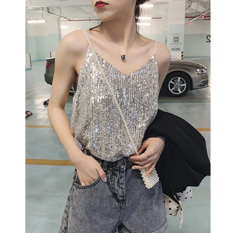 2019 летние сексуальные женские майки с блестками Клубная одежда короткие топы на