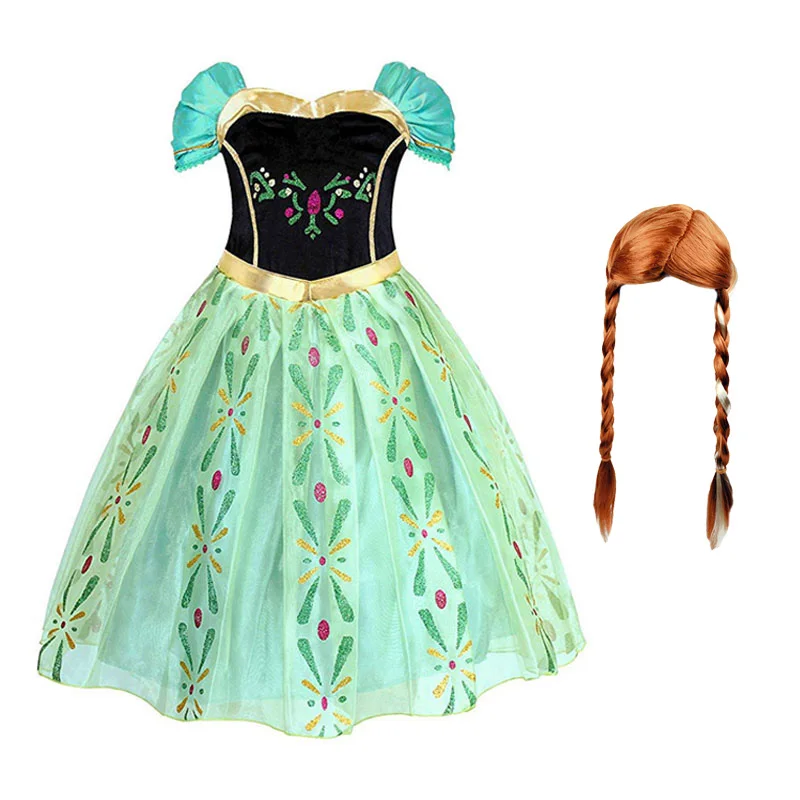 Anna01 Wig Платье принцессы Эльзы и Анны для девочек; Детский костюм с цветочным рисунком и парик Снежной Королевы; нарядное платье для костюмированной вечеринки на Хэллоуин, день рождения - Цвет: Anna01 Wig