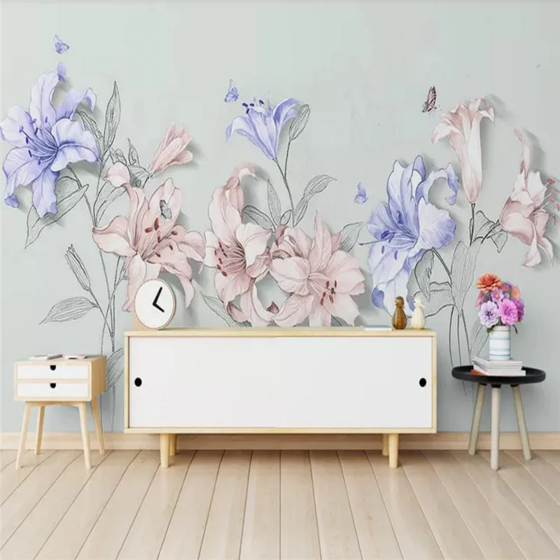 

Custom wallpaper modern minimalist hand-painted 3D lily geometric background wall decoration - high quality silk fabric