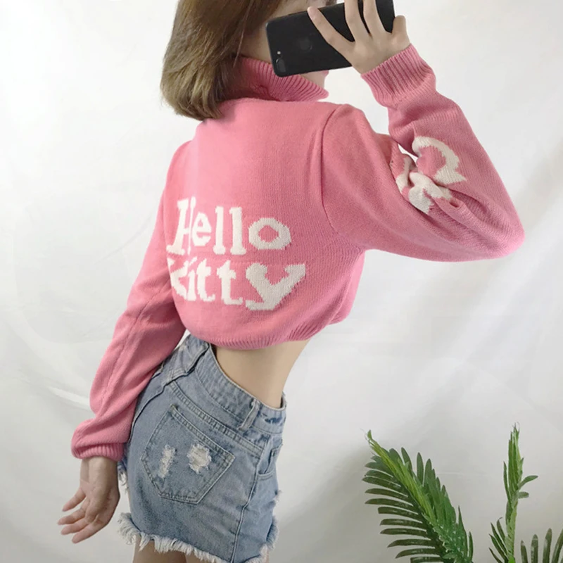 women turtleneck kitty crop sweater fashion character sweet sexy short knit top long sleeve cartoon pink 2019 pullover | Женская одежда