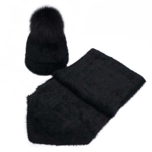Black - Set Зимняя винтажная женская и детская шапка из искусственного меха норки, шарф, комплект, однотонные дамские шапочки, шапки, шарфы, шапки для девочек с помпоном из меха лисы - Цвет: Black - Set