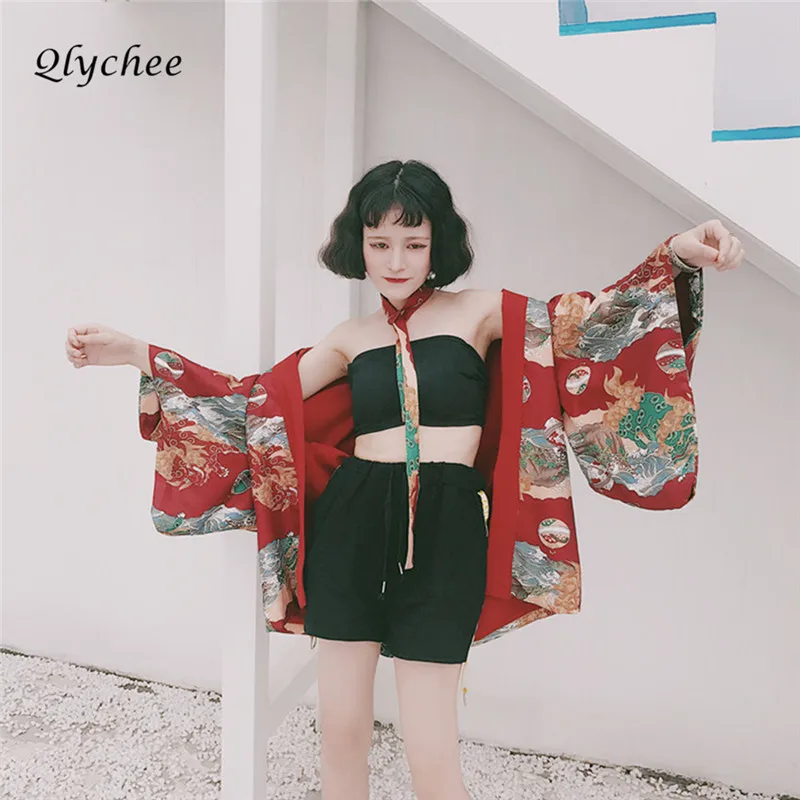 Qlychee одежда животных печати кимоно Для женщин рукав &quotлетучая мышь&quot Свободная