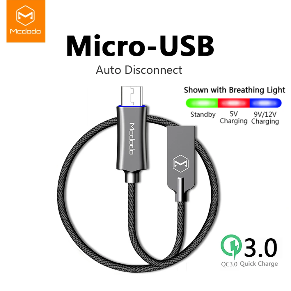 Mcdodo mi cro USB кабель для samsung Xiao mi red mi A6 Note 5 huawei QC3.0 Быстрая зарядка автоматическое отключение USB светодиодный кабель для зарядки данных