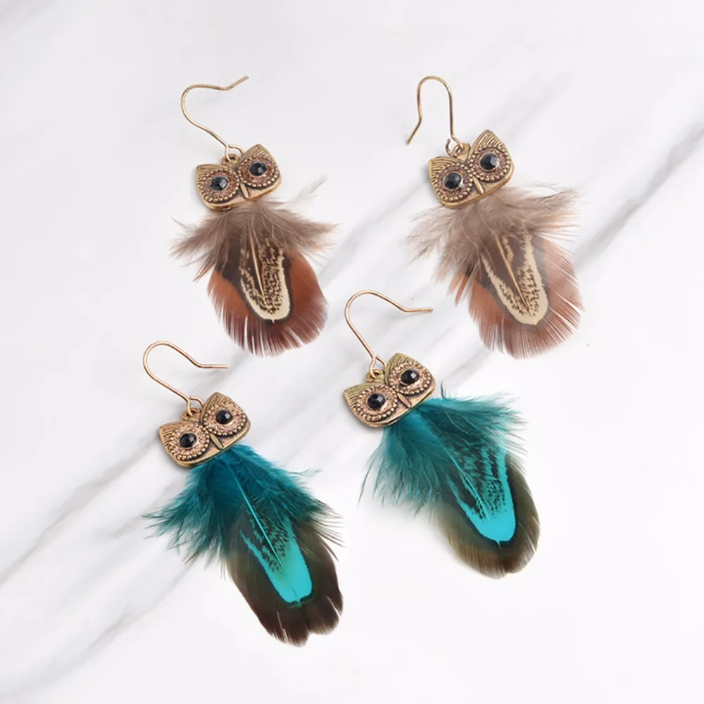 1 Pair Bohemia Owl Peacock Feather Crystal Earrings Dangle Earring Fashion Jewelry #249229 | Украшения и аксессуары