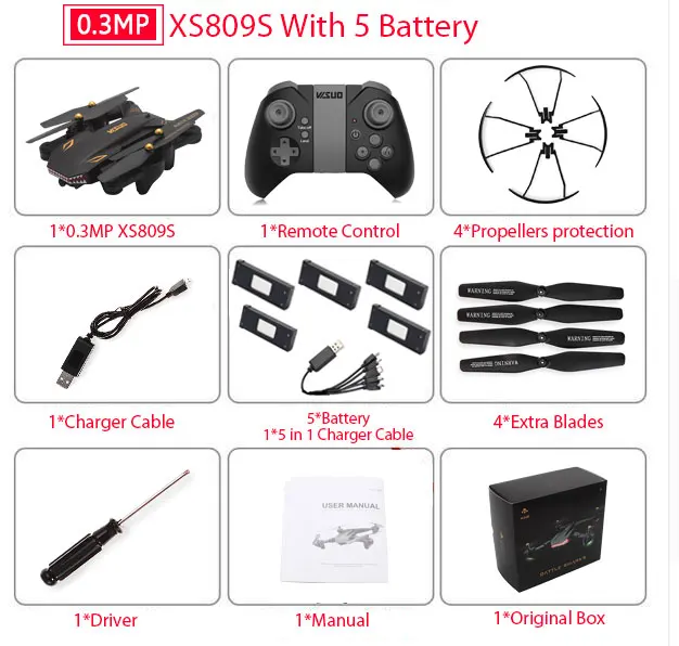 0.3MP 809S 5B Складной Дрон для селфи VISUO XS809S с широкоугольной 2-мегапиксельной HD камерой WiFi FPV XS809HW Модернизированный Радиоуправляемый квадрокоптер вертолет мини Дрон - Цвет: 0.3MP 809S 5B