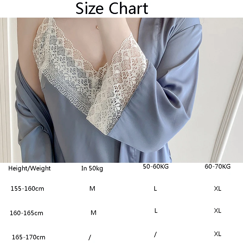 Пижама Queenral Женская атласная осенняя шелковый халат сексуальное кружевное