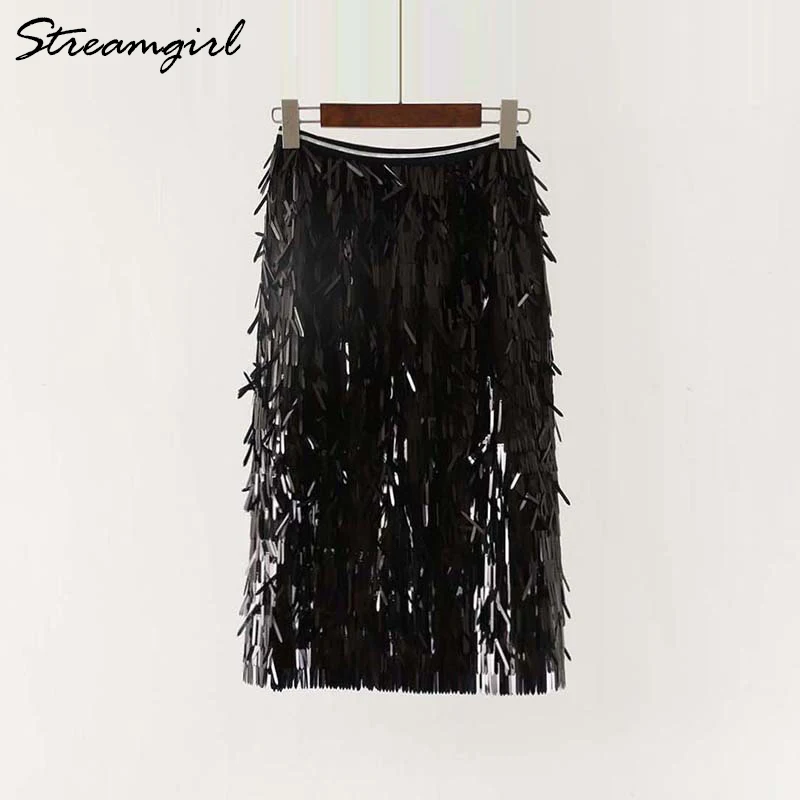 Женская юбка с блестками Streamgirl черная длинная кисточками для вечеринки на