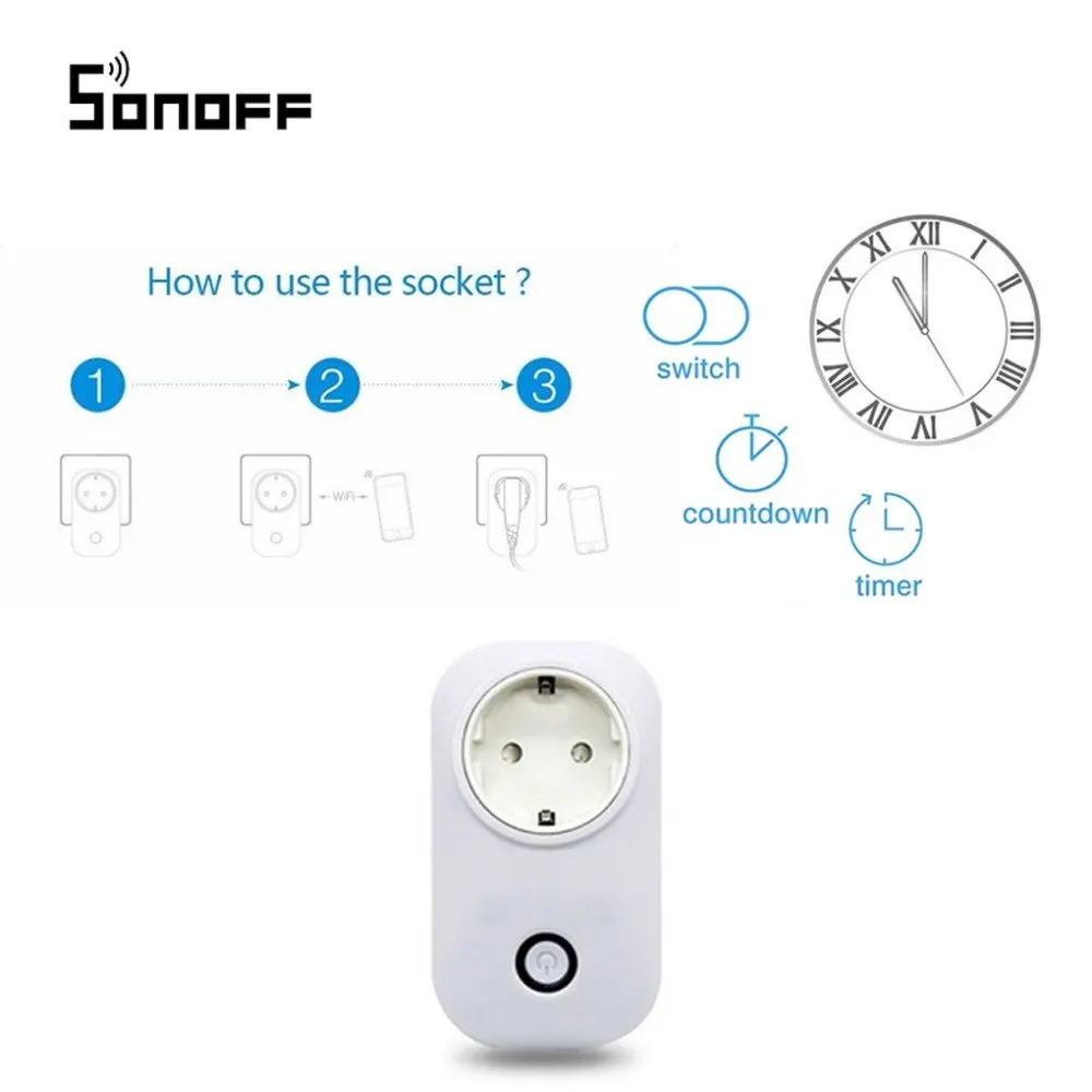 Sonoff S20 ЕС Тип E телефон Wifi беспроводной пульт дистанционного управления Умный дом зарядный адаптер розетка работает с Alexa