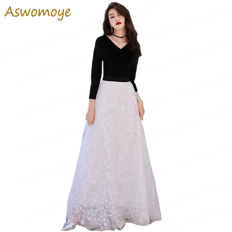 Великолепные вечерние платья трапеции коллекции 2018 года черное платье с белым