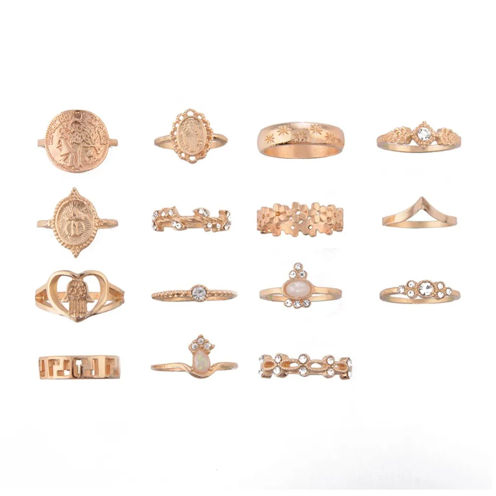 15Pcs/set Women Fashion Rings Hearts Fatima Hands Mary Cross Leaf Hollow Geometric Crystal Ring Set Wedding Jewelry | Украшения и