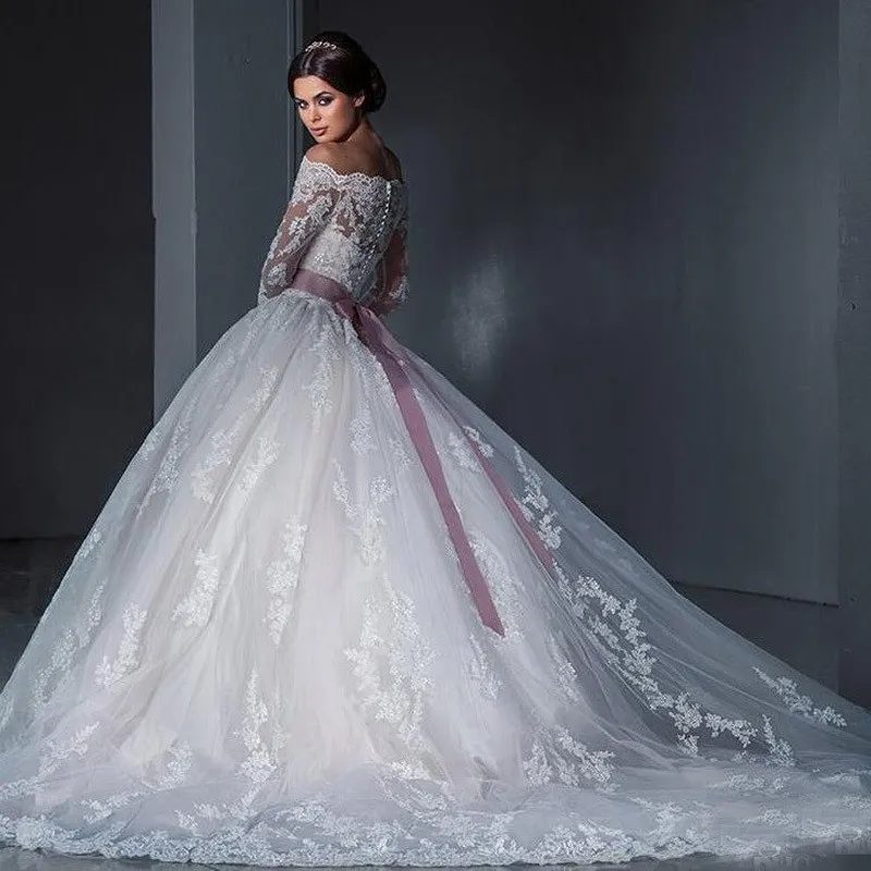 Vestidos de Noiva 2020 бальное кружевное свадебное платье с длинными рукавами и открытыми