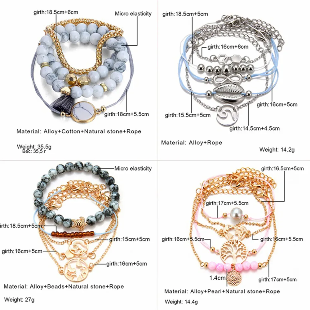 

4 Pcs Set Fashion Punk Shell Letter Round Crystal Multilayer Bracelet Bangle for Women Boho Heart Bead Tassel Charm Bracelets