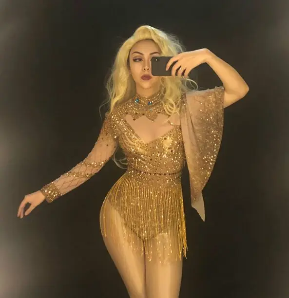 Bodysuit Женская сексуальная пряжа боди полное золото сверкающие кристаллы кисточкой ночной клуб день рождения сценическая одежда певица Bling боди - Цвет: Bodysuit