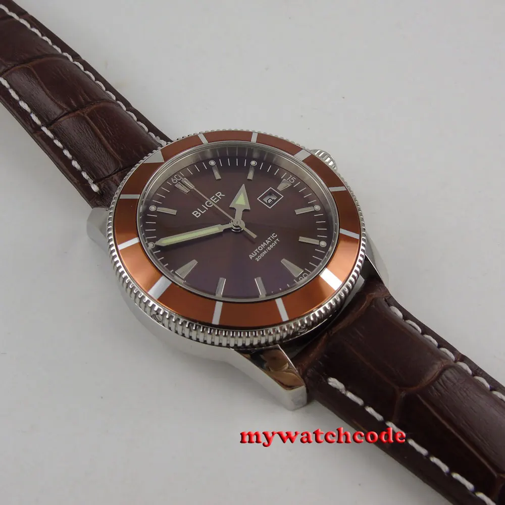 46mm Bliger Brown Dial Luminous Marks Leather Strap Date Window Automatic Mens Wrist Watch P97 | Наручные часы