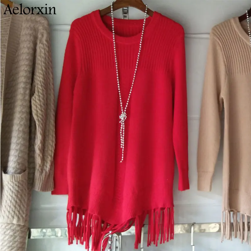 2017 Female Winter Cashmere Warm Knitted Tassel Long Sweater Women Sweaters and Pullovers Pull Femme Oversized | Женская одежда