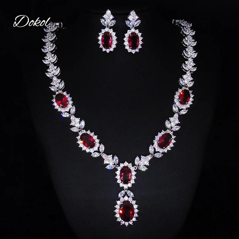 Ожерелье и серьги DOKOL с красным кубическим цирконием, свадебный ювелирный набор со сверкающими кристаллами, подарок для подружек невесты ...