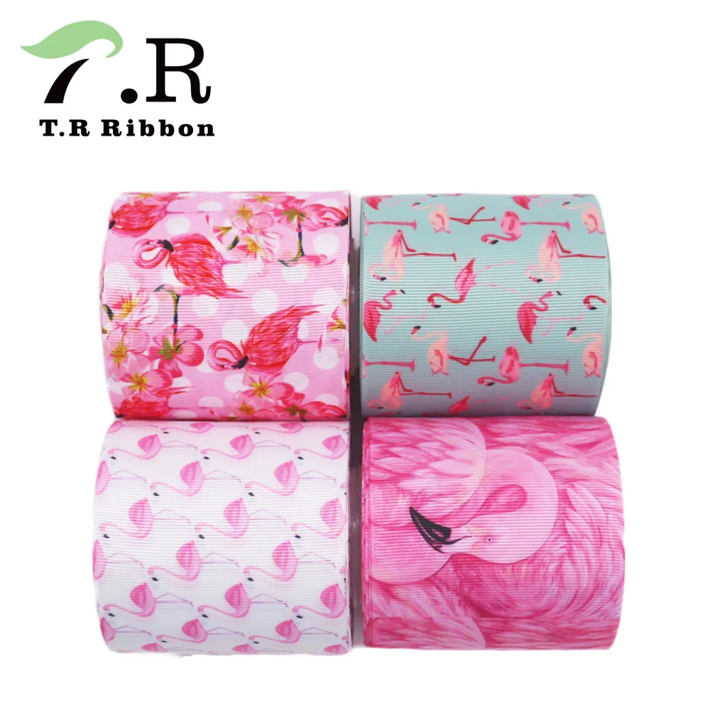 

T.R RIBBON 10yards 50yards retail packaging 75mm heat transfer flamingos printed grosgrain ribbon for ribbon bows