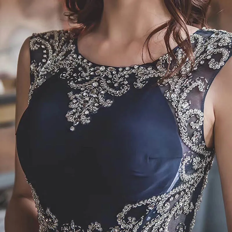 

New arrival Real Photos Luxury Navy Blue Mermaid Evening Dresses Beading Crystal Sparkly Evening Gown Robe De Soiree