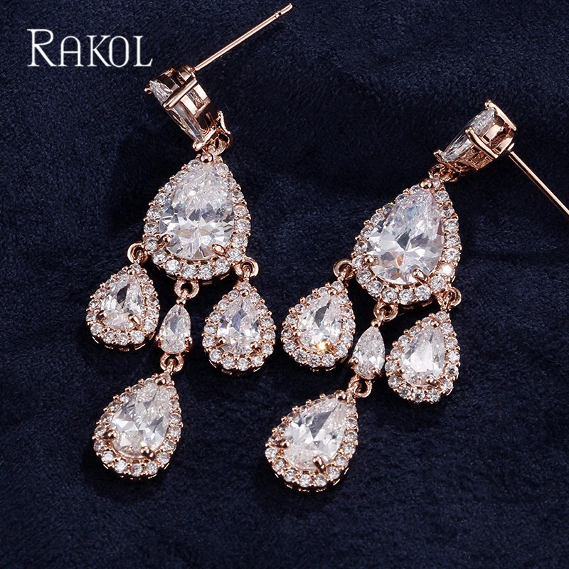 RAKOL новый тренд капли воды кубического циркония серьги набор Белый Золотой Цвет