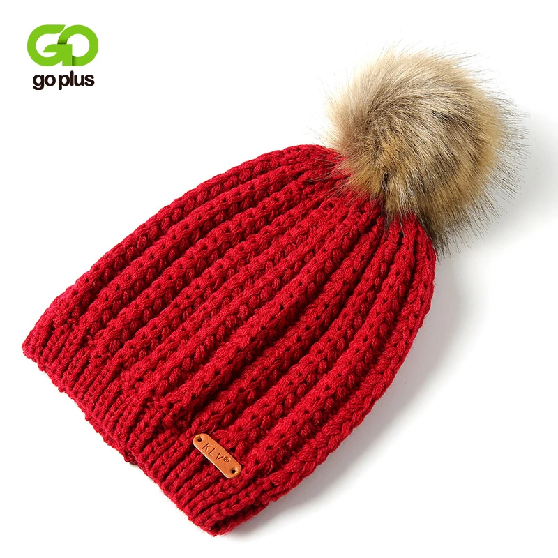 GOPLUS 2020 Winter Brand Fur Pompom Knitted Hat Women Fashion Hip hop Solid Skullies Beanies Female Cotton Thick Warm Caps Girl |
