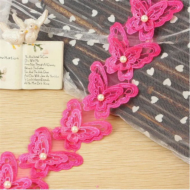 20Yard Beautiful 5Colors 3D Pearl Butterfly Embroidery Lace Applique Flower Sewing Trims DIY Craft 6.5cm LC0079 | Дом и сад