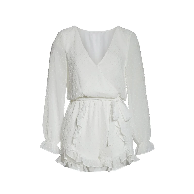 Женский шифоновый комбинезон свободный белый пляжный с длинными рукавами и v