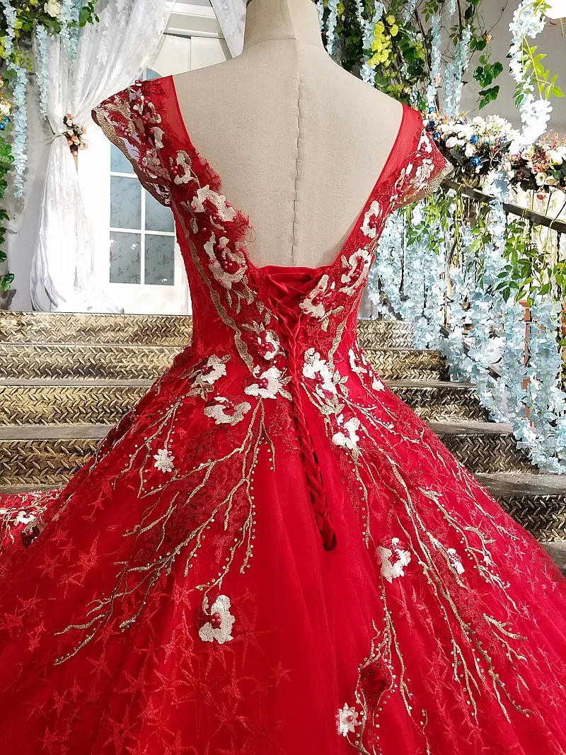 LS00204 красные длинные вечерние платья аппликации колпачок рукав зашнуровать