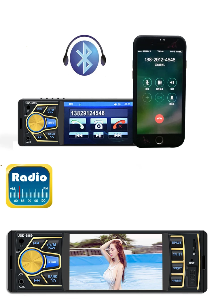Bluetooth AUX Авторадио 1 Дин радио MP5 плеер 4 дюймов Экран Панель FM/MP5/USB с 4LED заднего вида
