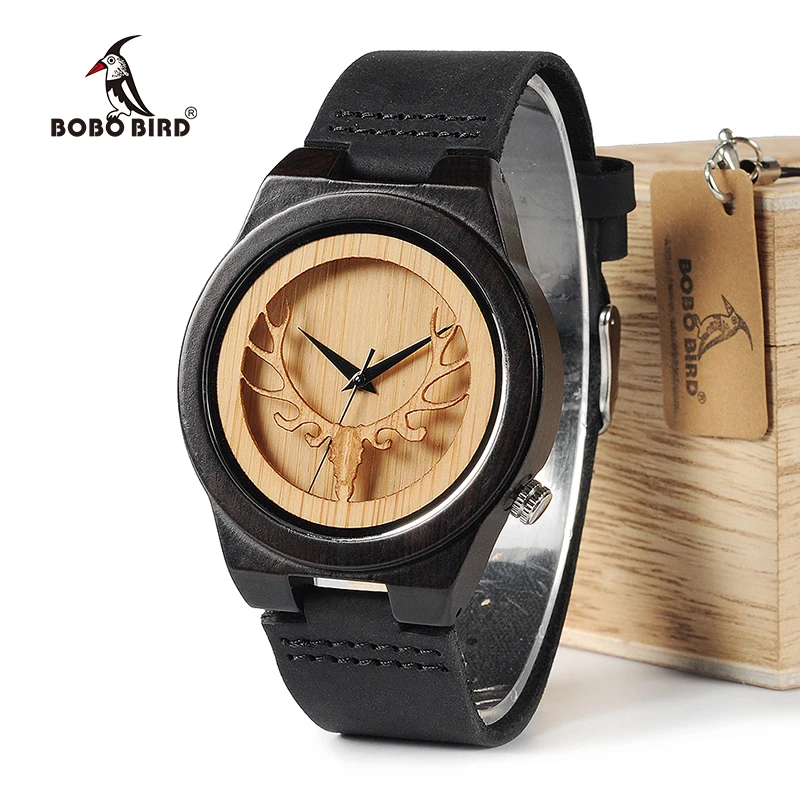 BOBO BIRD WB18 Скелет оленя черного дерева часы кожаный ремешок мужские Лидирующий