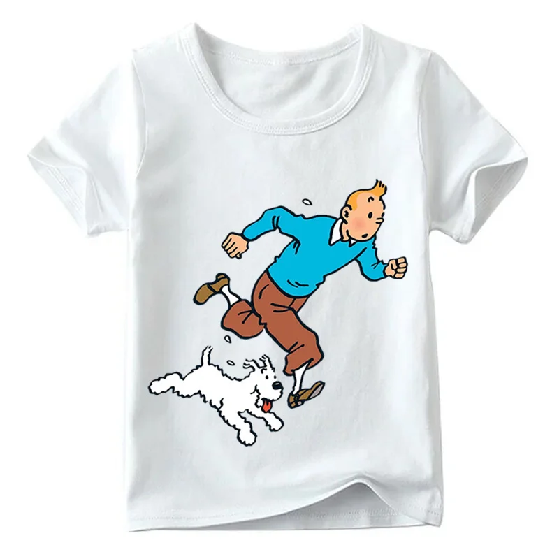 Детская забавная футболка с мультяшным принтом Tintin летние белые топы для
