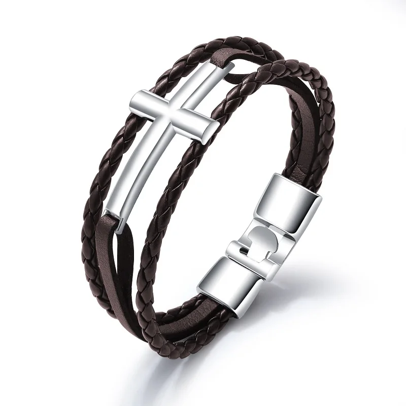 

Religion Jewelry Black White Color Weave Leather Stainless Steel Men Bracelets For Women Cross Bracelets Bangles For Unisex