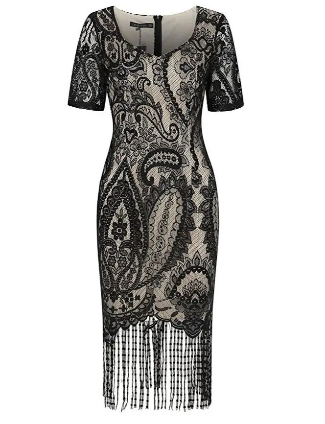 black Женское летнее винтажное платье 1920s с цветочным кружевом и корсетом, облегающее платье с бахромой по краям Гэтсби, платье с v-образным вырезом и коротким рукавом, женское платье миди - Цвет: black