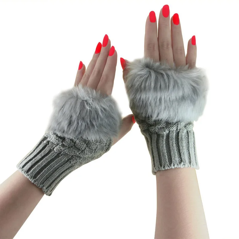 Fashion Winter Women Gloves Plush Faux Fur Knitting Wool Keep Warm Short Mitten Fingerless Lady Girl Half Finger Glove M8694 | Аксессуары