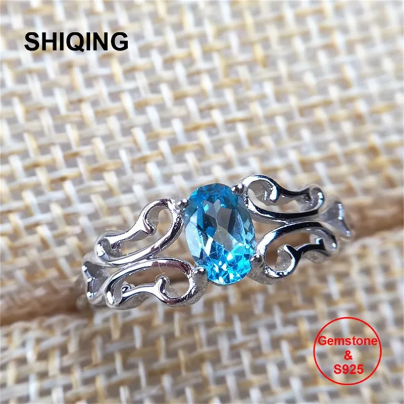 

SHIQING Vintage pattern gemstone rings, nature blue topaz 925 sterling silver retro rings for women