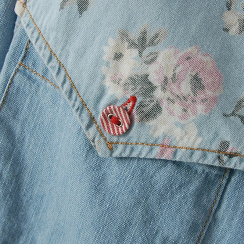 Japanese Mori Style Women Floral Pattern Light Blue Denim Shirt Turn Long Sleeve Down Collar Flowers Printed Jean Shirts | Женская
