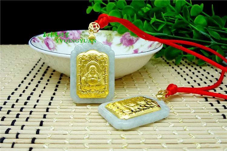 3D Золотой инкрустированный натуральный нефрит Guanyin Будда подвеска h1 #|Подвески| |
