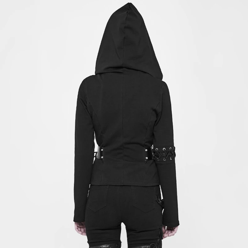 Готический ПУ Эластичный свитер в рубчик застежка-молния Веревка Slim Fit куртка короткая шляпа Кардиган Леди Пальто Верхняя одежда с капюшоном в стиле Панк RAVE WY-903ZDF
